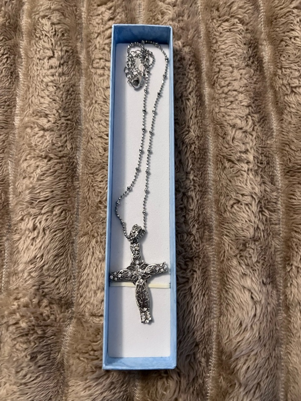Cookie Lee Silver-Tone Filigree Cross Necklace with Clear Crystals - Picture 8 of 9